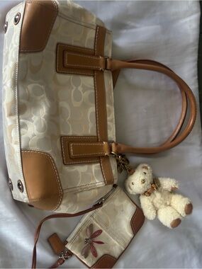 Coach Cream and Tan Signature Tote with Matching Wristlet and Bear charm